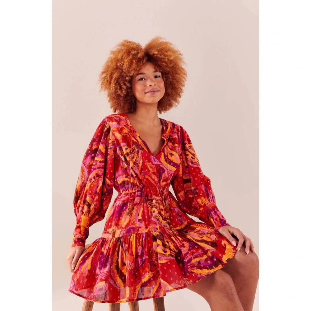 Farm Rio Red Banana Metallic Long Sleeve Mini Dress NWT M L - Picture 8 of 12